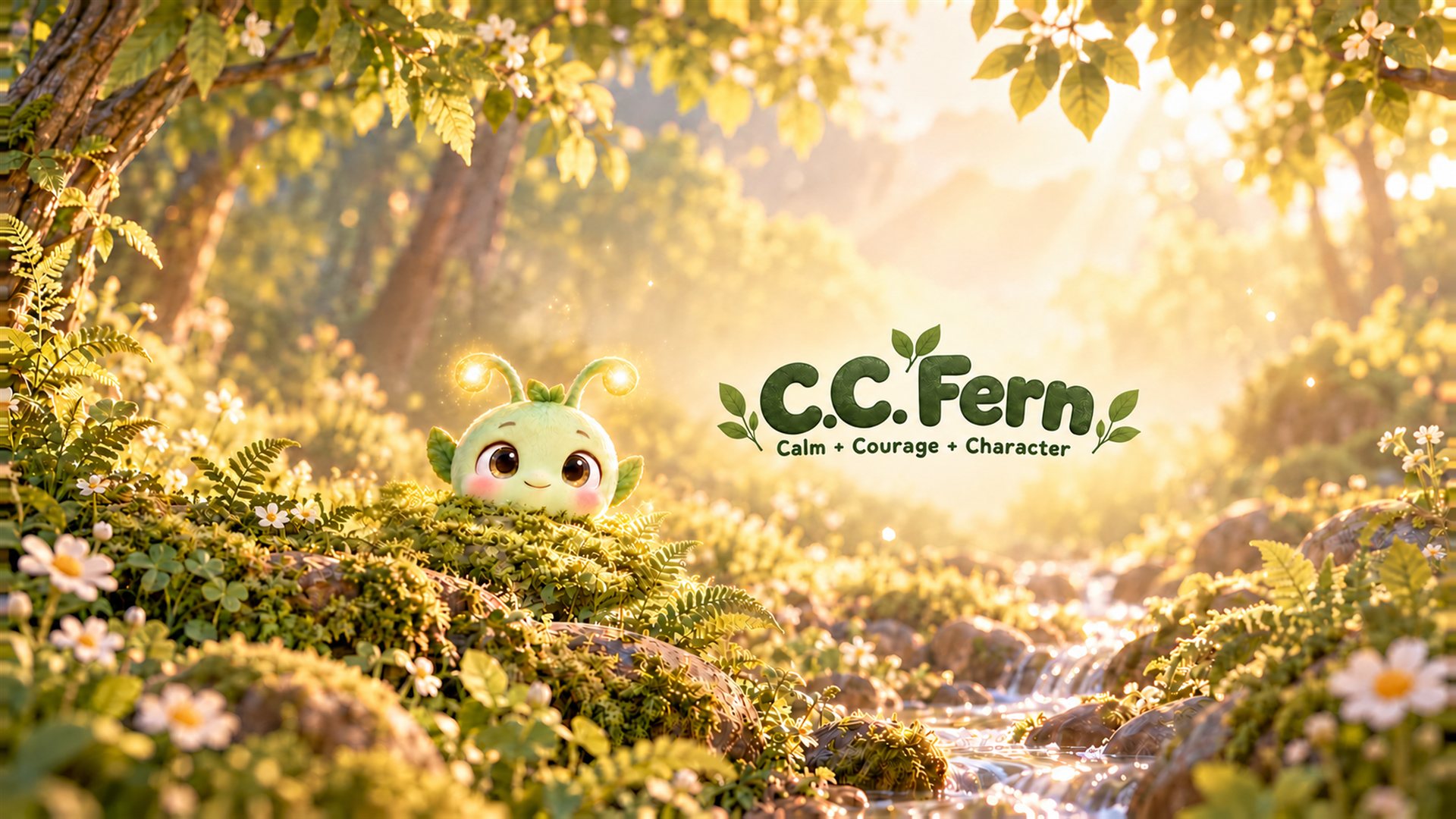 C.C. Fern peeks from a sunlit, mossy woodland beside the C.C. Fern name and Calm + Courage + Character tagline